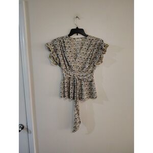 Max Studio Floral Peplum Wrap Top Yellow Green Ruffle Sleeve Smocked Waist Small
